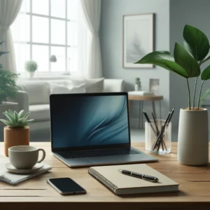 DALL·E 2024 06 12 11.36.12 A serene workspace setup with a laptop notebook and a plant on a wooden desk with a backdrop showing a calm minimalist room. The scene includes a