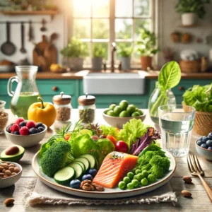 DALL·E 2024 06 16 11.27.58 A vibrant and balanced meal setup highlighting mental health benefits a plate with salmon mixed greens colorful vegetables nuts and berries. The