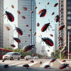 DALL·E 2024 06 21 11.01.43 A swarm of lovebugs Plecia nearctica flying around a bright area in a city with a focus on the bugs and the urban environment in the background. Th