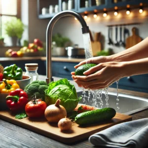 DALL·E 2024 06 25 12.12.33 A photo of fresh clean vegetables and fruits on a kitchen counter with hands washing them under running water to emphasize food hygiene and safety.