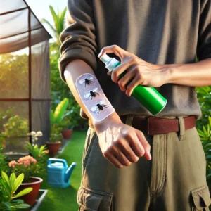 DALL·E 2024 06 26 11.11.52 A photo of a person applying mosquito repellent on their arm while wearing long sleeves and long pants in a garden. The background shows a well mainta