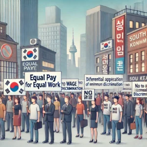 DALL·E 2024 07 03 16.36.33 A protest scene in a city with a diverse group of people holding signs against differential application of minimum wage in South Korea. The signs shou